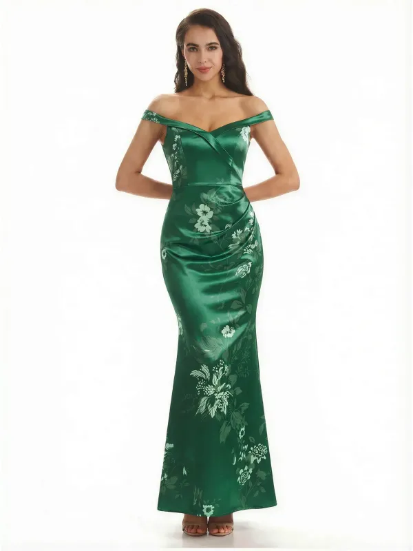 Simple Off Shoulder Mermaid Floral Satin Maxi Floral Formal Dresses For Women sold by ChicSew