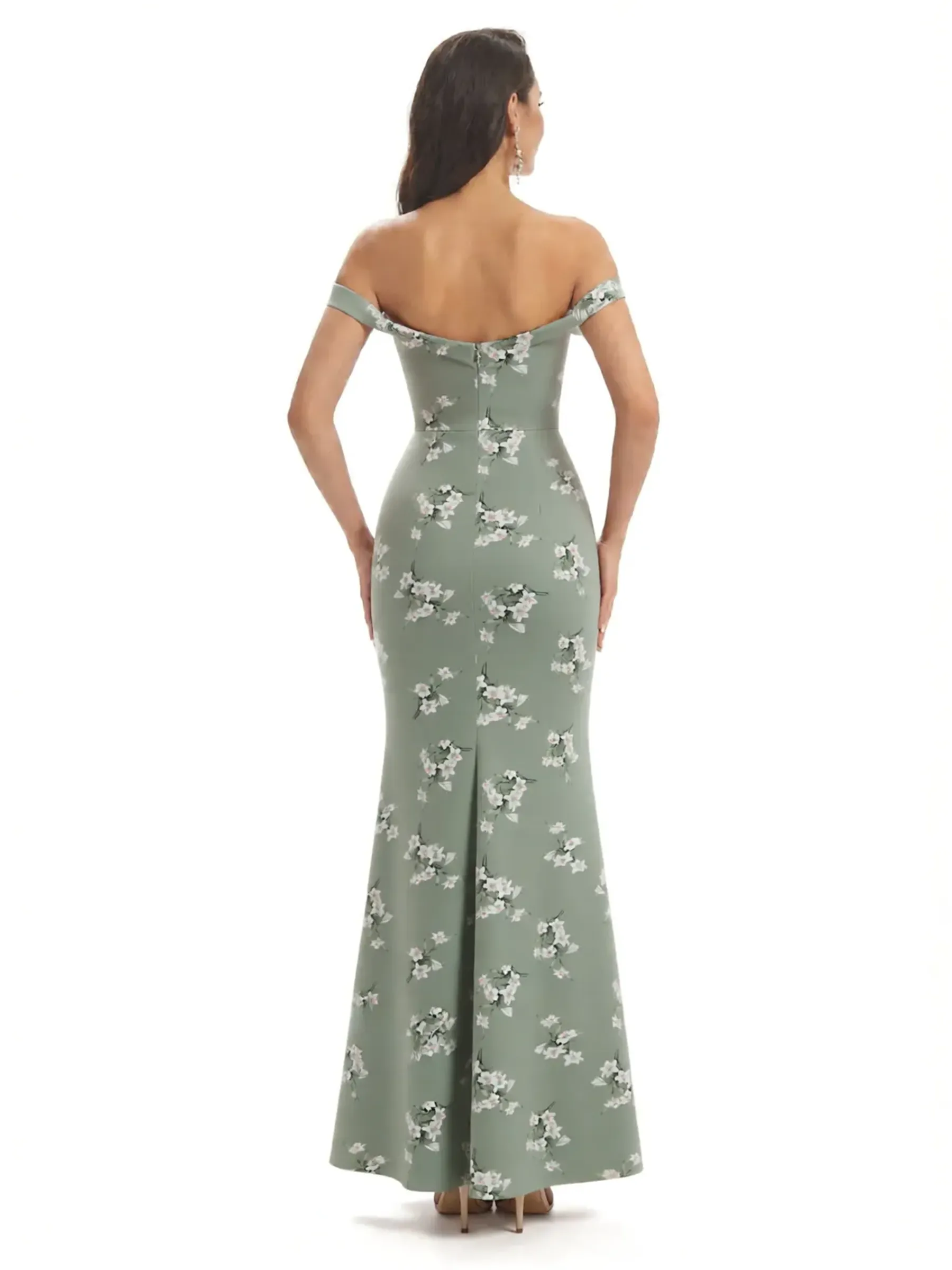 Simple Off Shoulder Mermaid Floral Satin Maxi Floral Formal Dresses For Women sold by ChicSew product image thumbnail 2