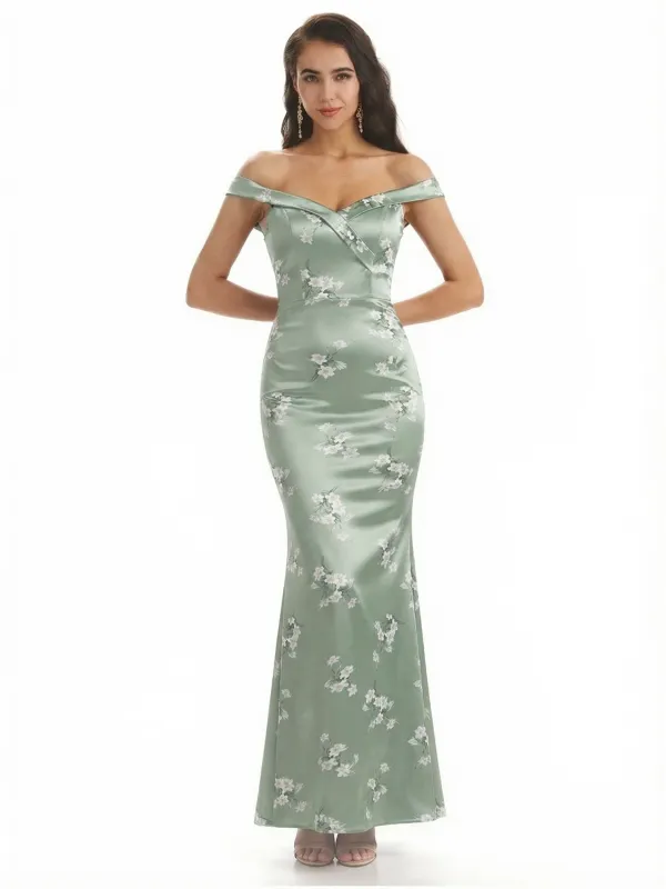 Simple Off Shoulder Mermaid Floral Satin Maxi Floral Formal Dresses For Women sold by ChicSew