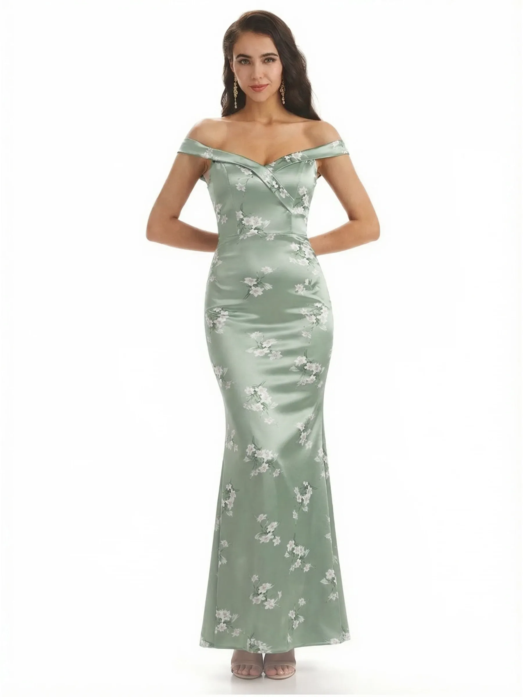 Simple Off Shoulder Mermaid Floral Satin Maxi Floral Formal Dresses For Women sold by ChicSew
