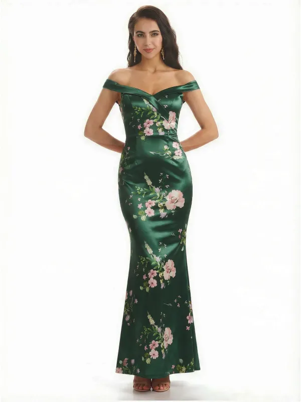 Simple Off Shoulder Mermaid Floral Satin Maxi Floral Formal Dresses For Women sold by ChicSew
