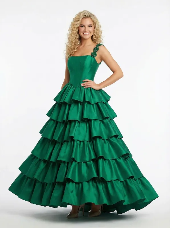 Lace Straps A-line Ruflfle Satin Ball Gown Prom Dresses sold by ChicSew