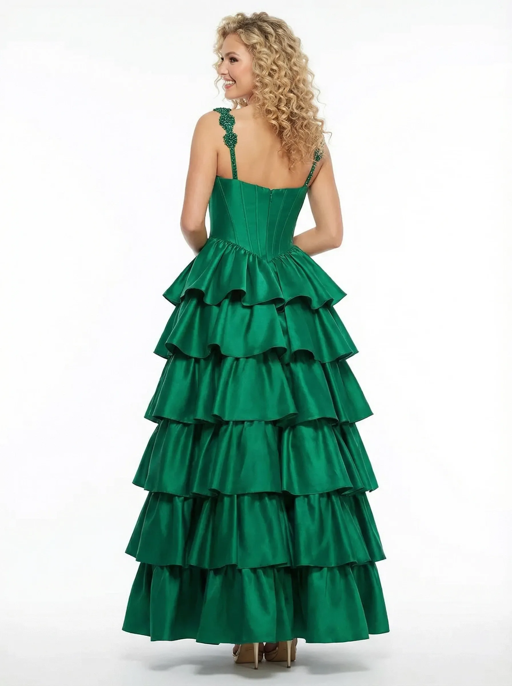 Lace Straps A-line Ruflfle Satin Ball Gown Prom Dresses sold by ChicSew product image thumbnail 2