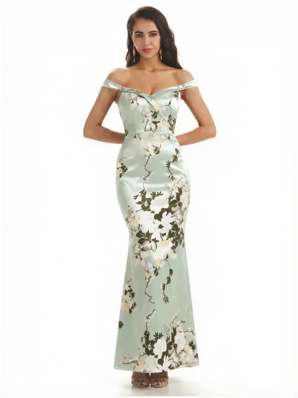 Simple Off Shoulder Mermaid Floral Satin Maxi Floral Formal Dresses For Women sold by ChicSew