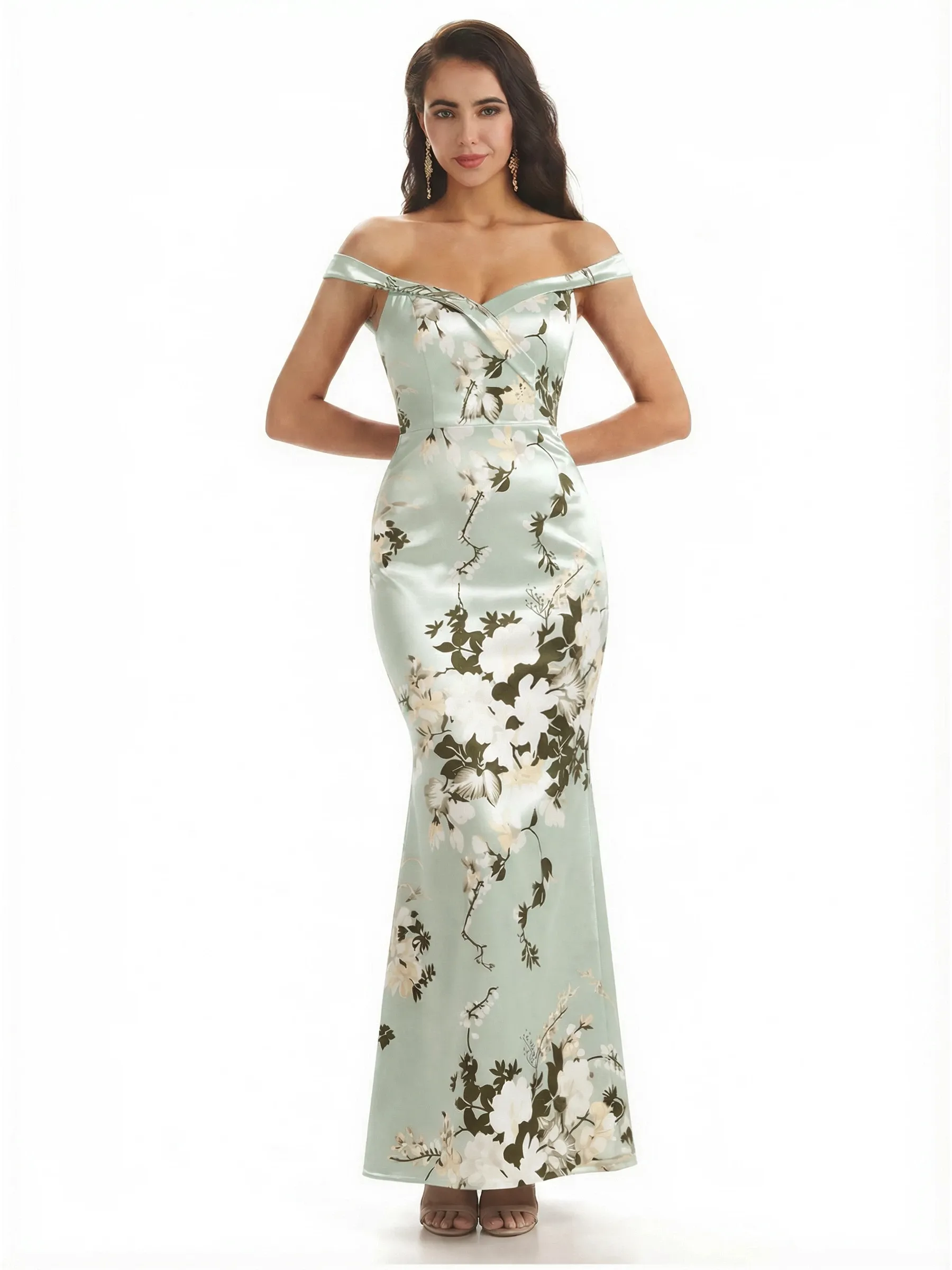 Simple Off Shoulder Mermaid Floral Satin Maxi Floral Formal Dresses For Women sold by ChicSew