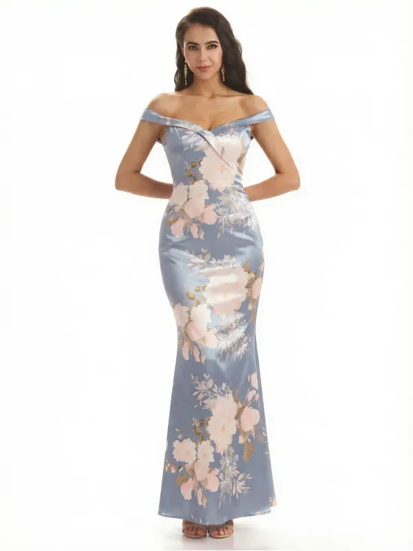 Simple Off Shoulder Mermaid Floral Satin Maxi Floral Formal Dresses For Women sold by ChicSew