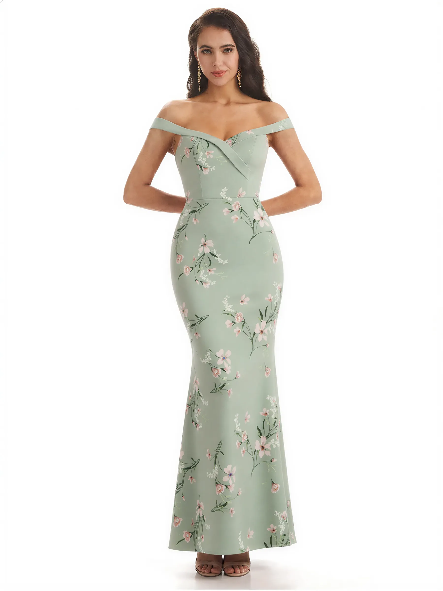 Simple Off Shoulder Mermaid Floral Satin Maxi Floral Formal Dresses For Women sold by ChicSew