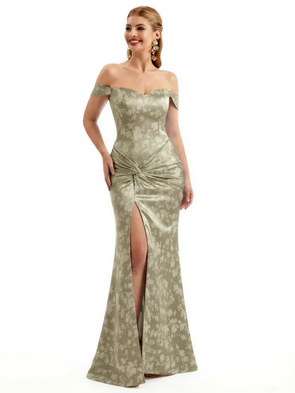 Beautiful Off Shoulder Side Slit Mermaid Floral Satin Maxi Floral Formal Dresses For Women sold by ChicSew