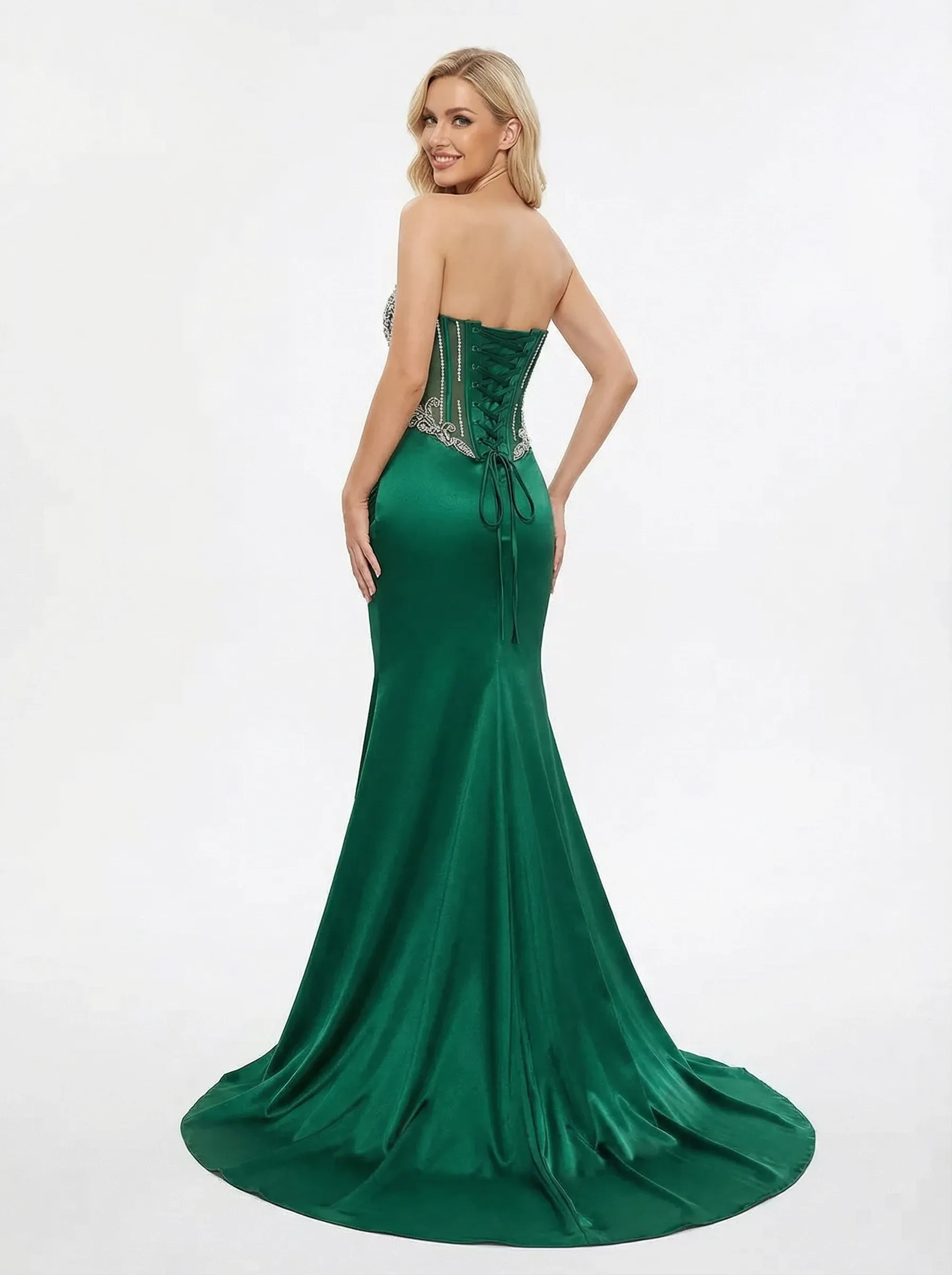 Unique Lace Cut Out Corset Sweetheart Mermaid Satin Long Party Prom Dresses sold by ChicSew product image thumbnail 2