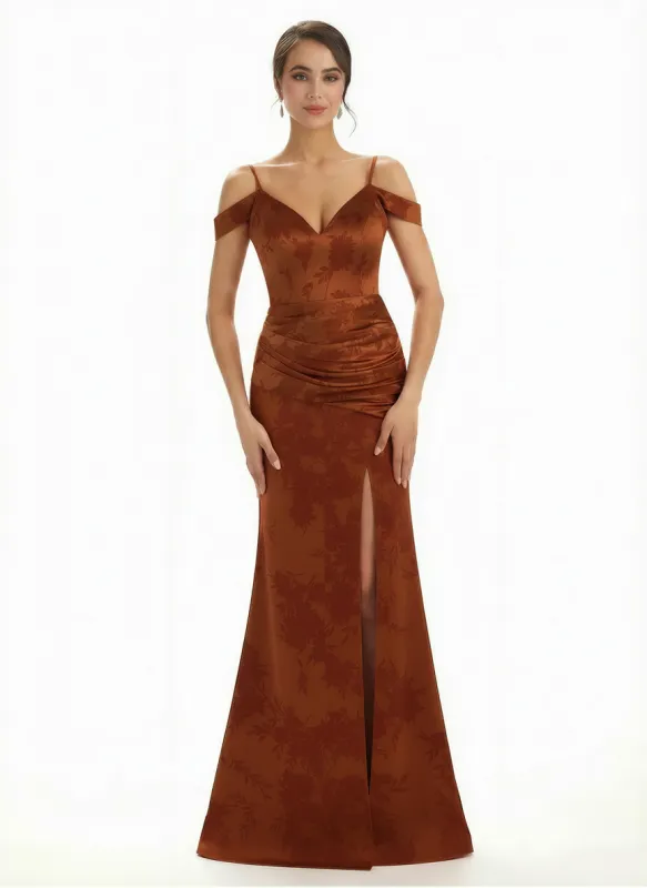 Trendy Cold Shoulder Side Slit Mermaid Floral Satin Maxi Floral Formal Dresses For Ladies made by ChicSew