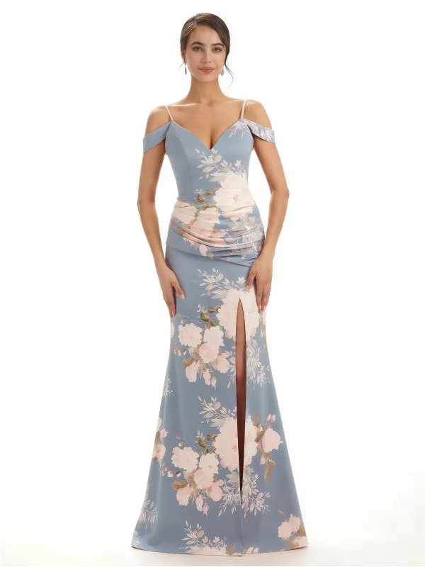 Trendy Cold Shoulder Side Slit Mermaid Floral Satin Maxi Floral Formal Dresses For Ladies sold by ChicSew