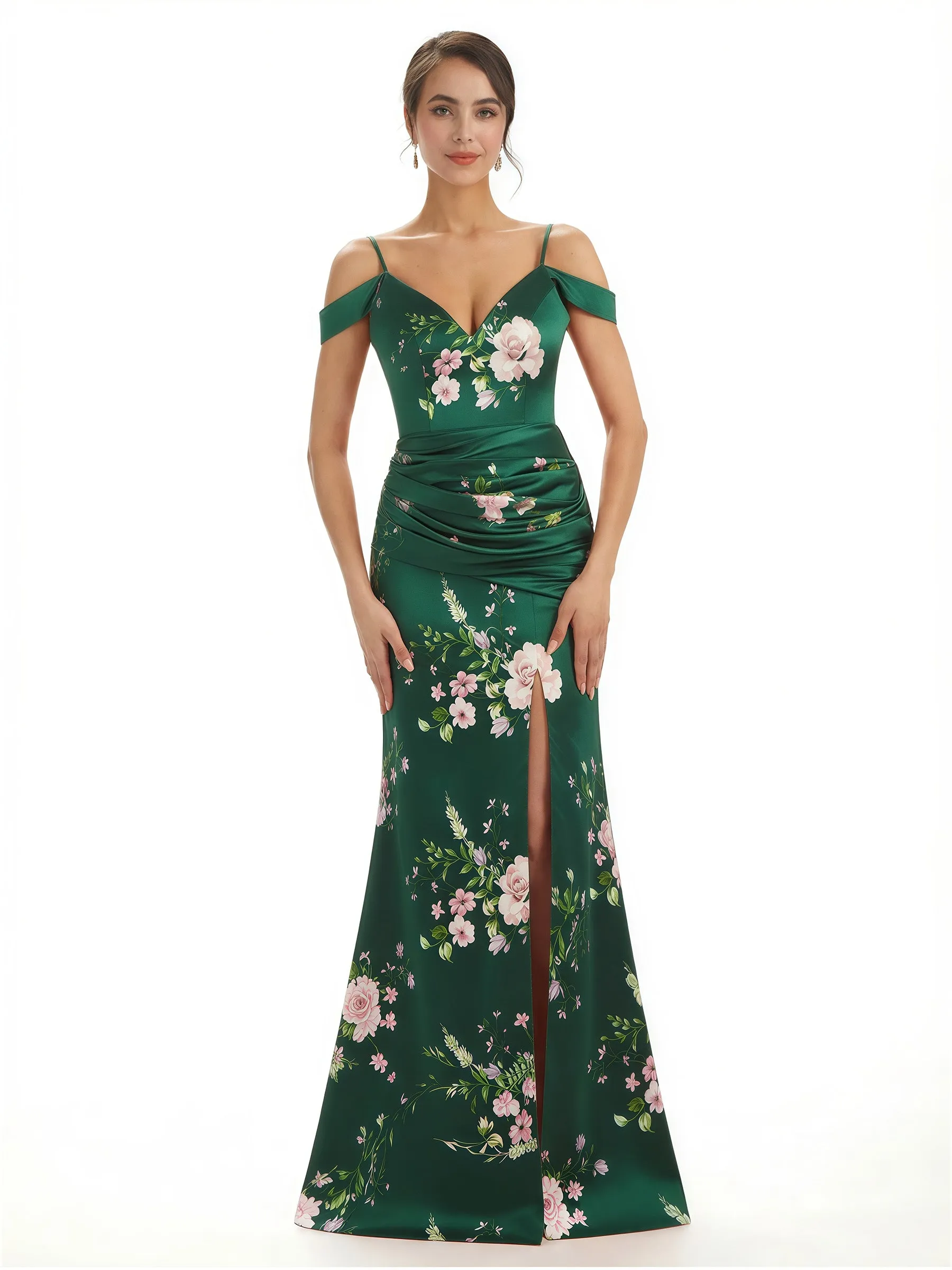 Trendy Cold Shoulder Side Slit Mermaid Floral Satin Maxi Floral Formal Dresses For Ladies sold by ChicSew