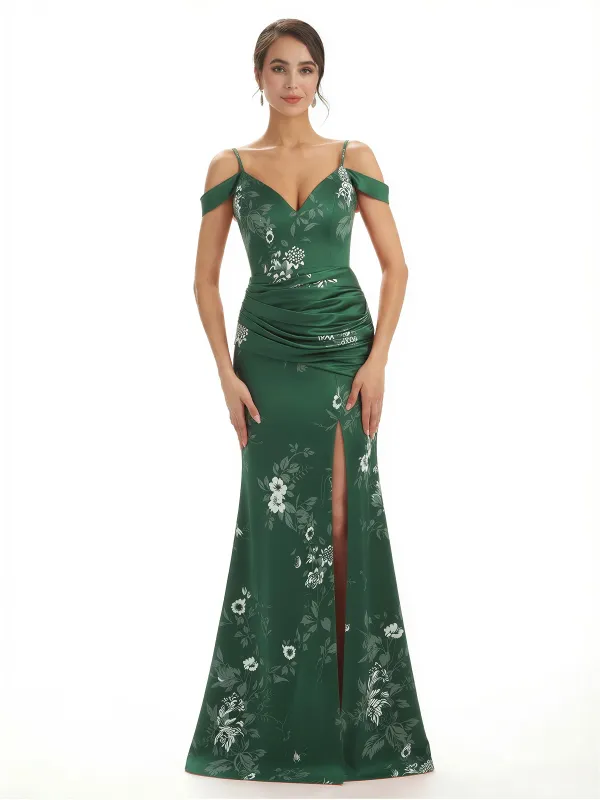 Trendy Cold Shoulder Side Slit Mermaid Floral Satin Maxi Floral Formal Dresses For Ladies sold by ChicSew