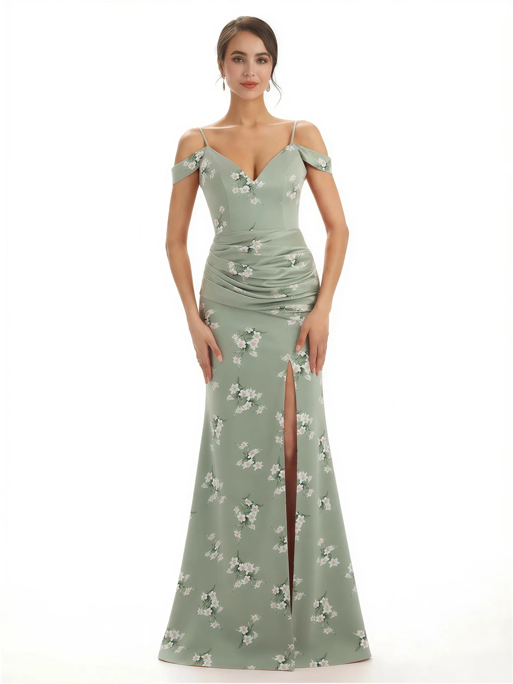 Trendy Cold Shoulder Side Slit Mermaid Floral Satin Maxi Floral Formal Dresses For Ladies sold by ChicSew