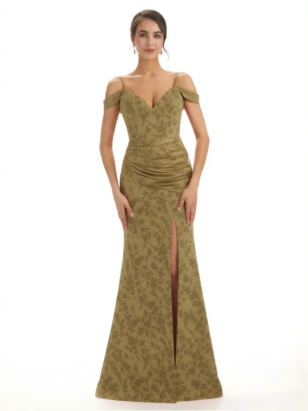 Trendy Cold Shoulder Side Slit Mermaid Floral Satin Maxi Floral Formal Dresses For Ladies sold by ChicSew