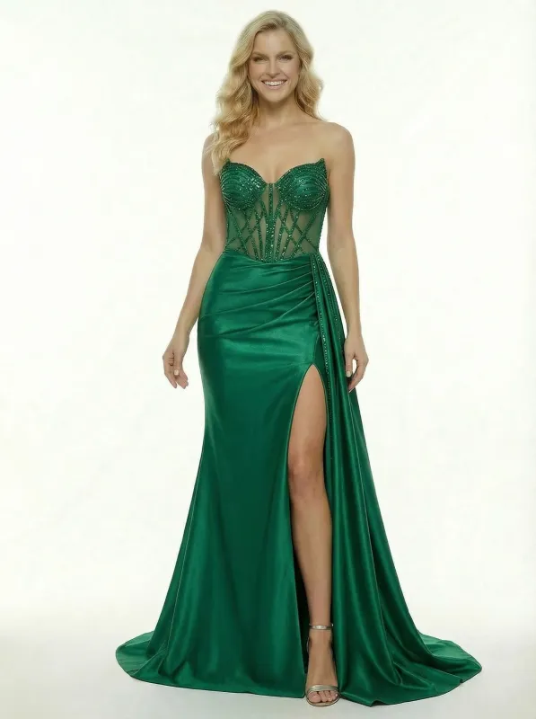 Unique Beaded Sweetheart Mermaid Long Party Prom Dresses With Waist Drape Side Slit sold by ChicSew