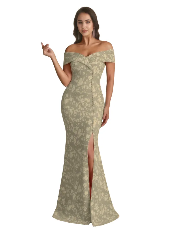 Sexy Off Shoulder Mermaid Long Satin Floral Formal Dresses For Women sold by ChicSew