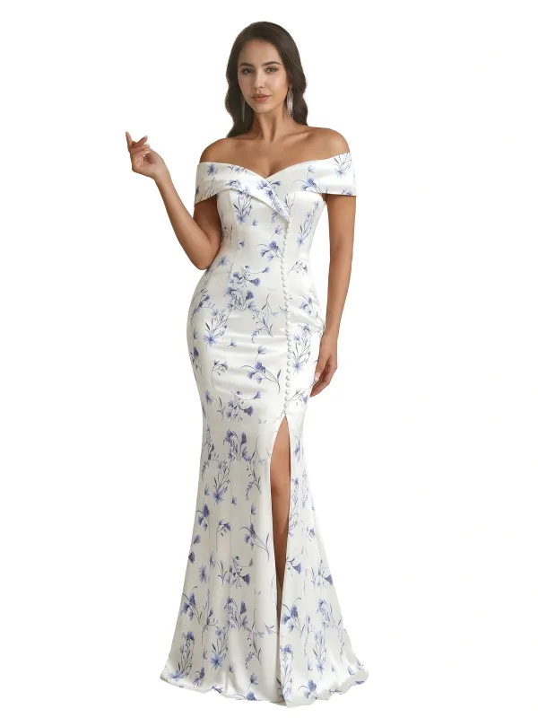 Sexy Off Shoulder Mermaid Long Satin Floral Formal Dresses For Women sold by ChicSew