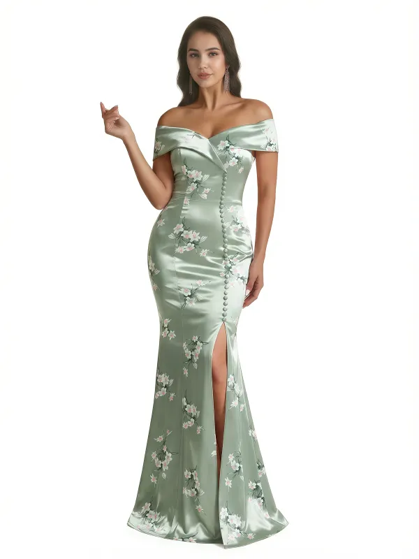 Sexy Off Shoulder Mermaid Long Satin Floral Formal Dresses For Women sold by ChicSew