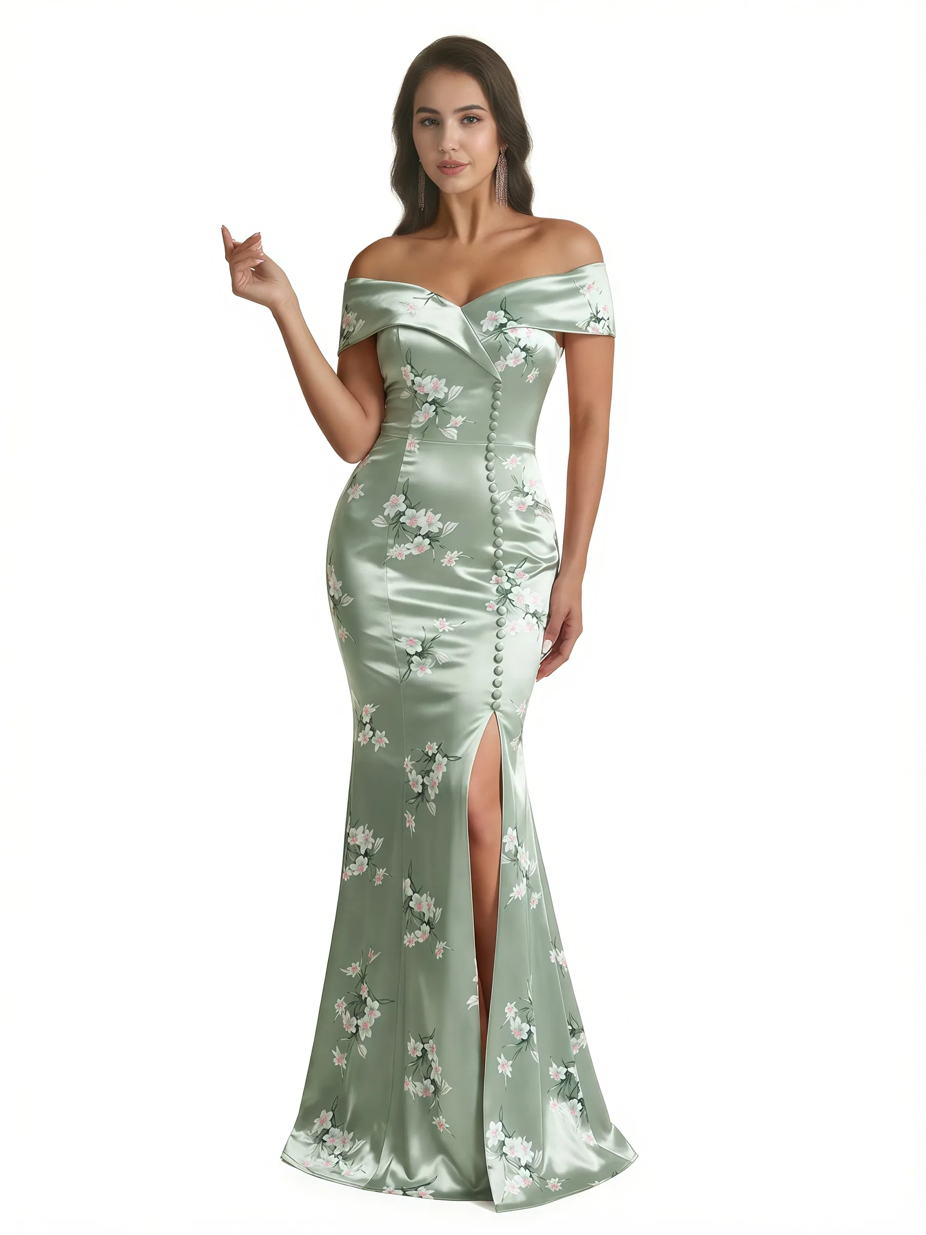 Sexy Off Shoulder Mermaid Long Satin Floral Formal Dresses For Women sold by ChicSew