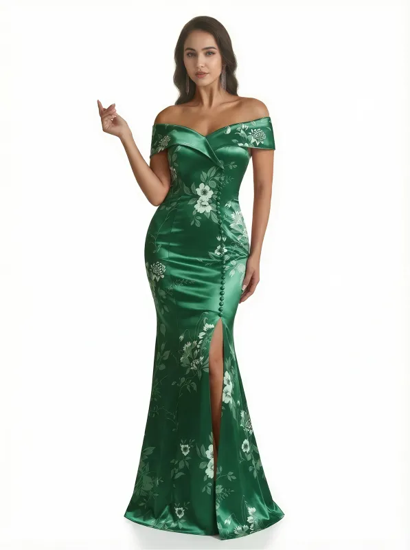 Sexy Off Shoulder Mermaid Long Satin Floral Formal Dresses For Women sold by ChicSew
