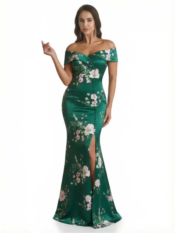 Sexy Off Shoulder Mermaid Long Satin Floral Formal Dresses For Women sold by ChicSew