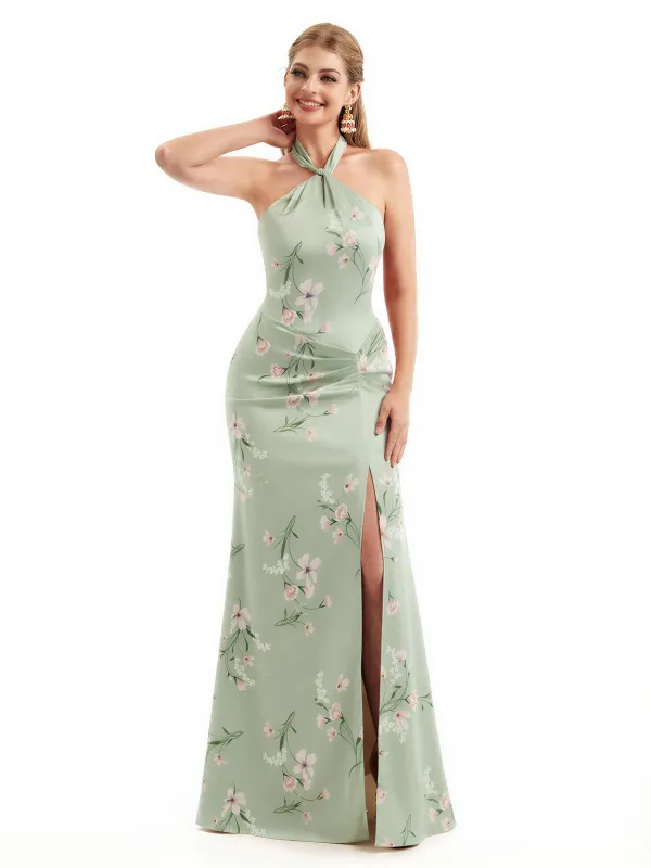 Beautiful Halter Side Slit Mermaid Floral Satin Maxi Floral Formal Dresses For Women sold by ChicSew