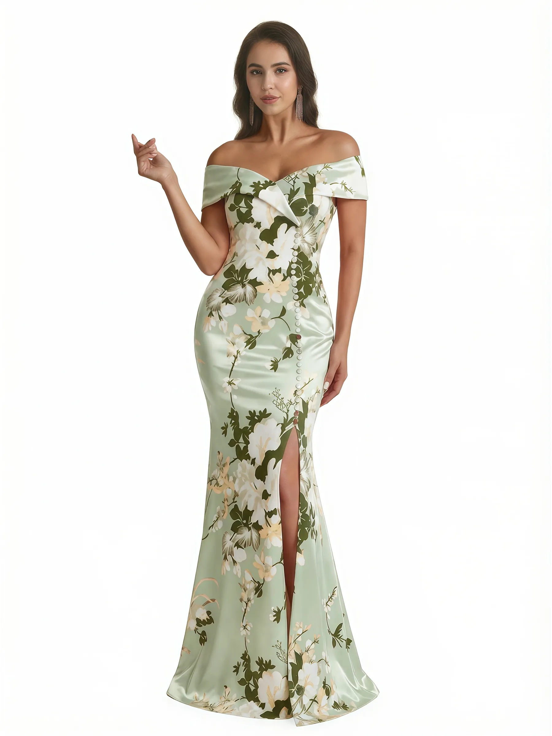 Sexy Off Shoulder Mermaid Long Satin Floral Formal Dresses For Women sold by ChicSew