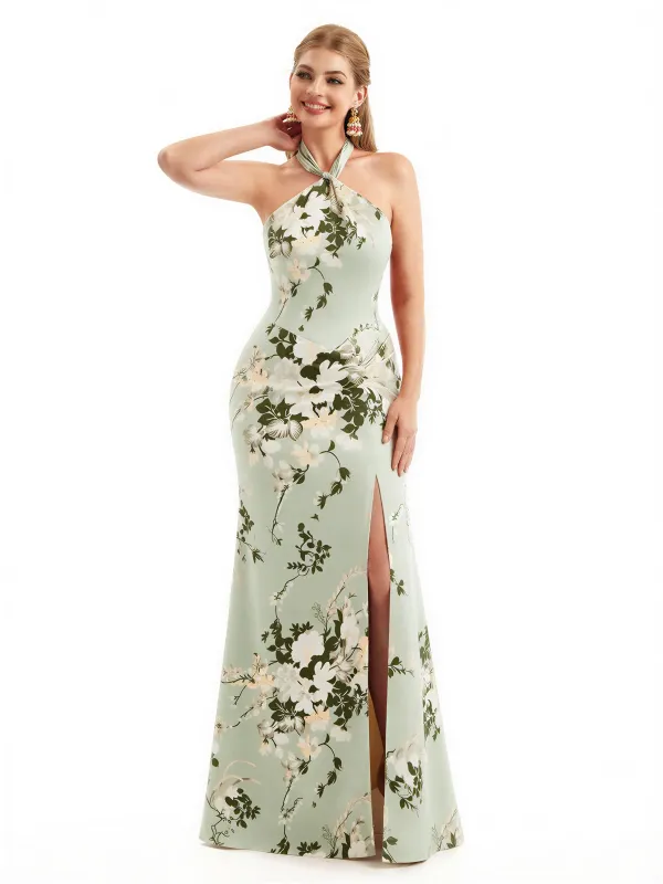 Beautiful Halter Side Slit Mermaid Floral Satin Maxi Floral Formal Dresses For Women sold by ChicSew