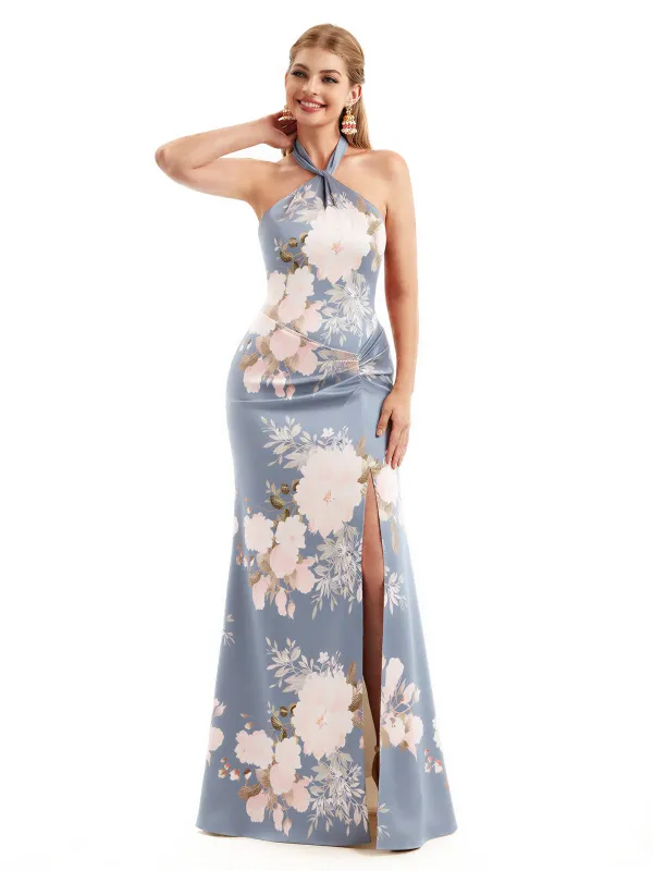 Beautiful Halter Side Slit Mermaid Floral Satin Maxi Floral Formal Dresses For Women sold by ChicSew
