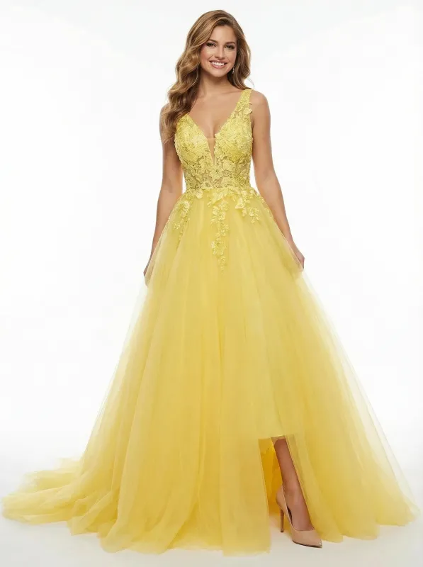 Modern Lace Appliques High Low V-Neck A-Line Party Prom Dresses sold by ChicSew