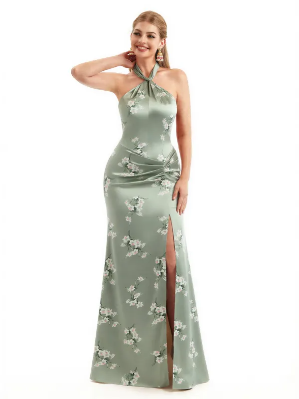 Beautiful Halter Side Slit Mermaid Floral Satin Maxi Floral Formal Dresses For Women sold by ChicSew