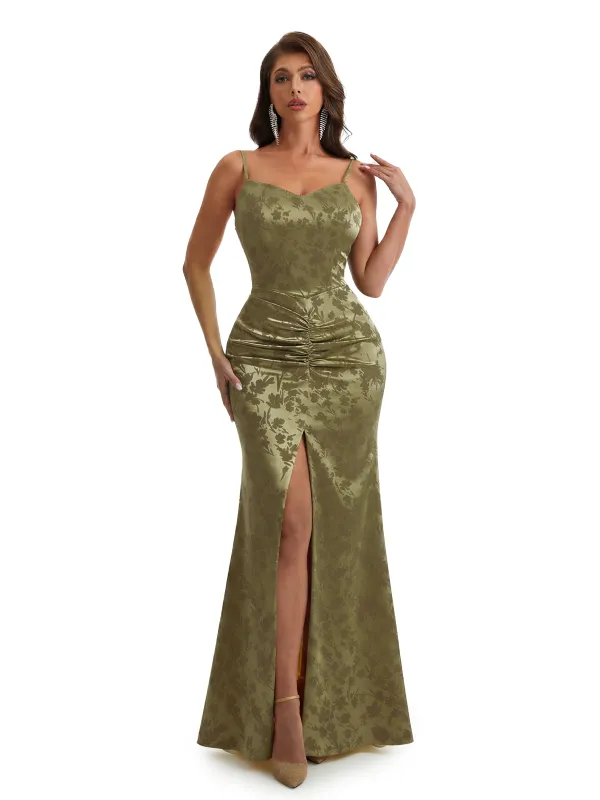 Simple Spaghetti Straps Slit Mermaid Floral Satin Maxi Floral Formal Dresses For Women sold by ChicSew