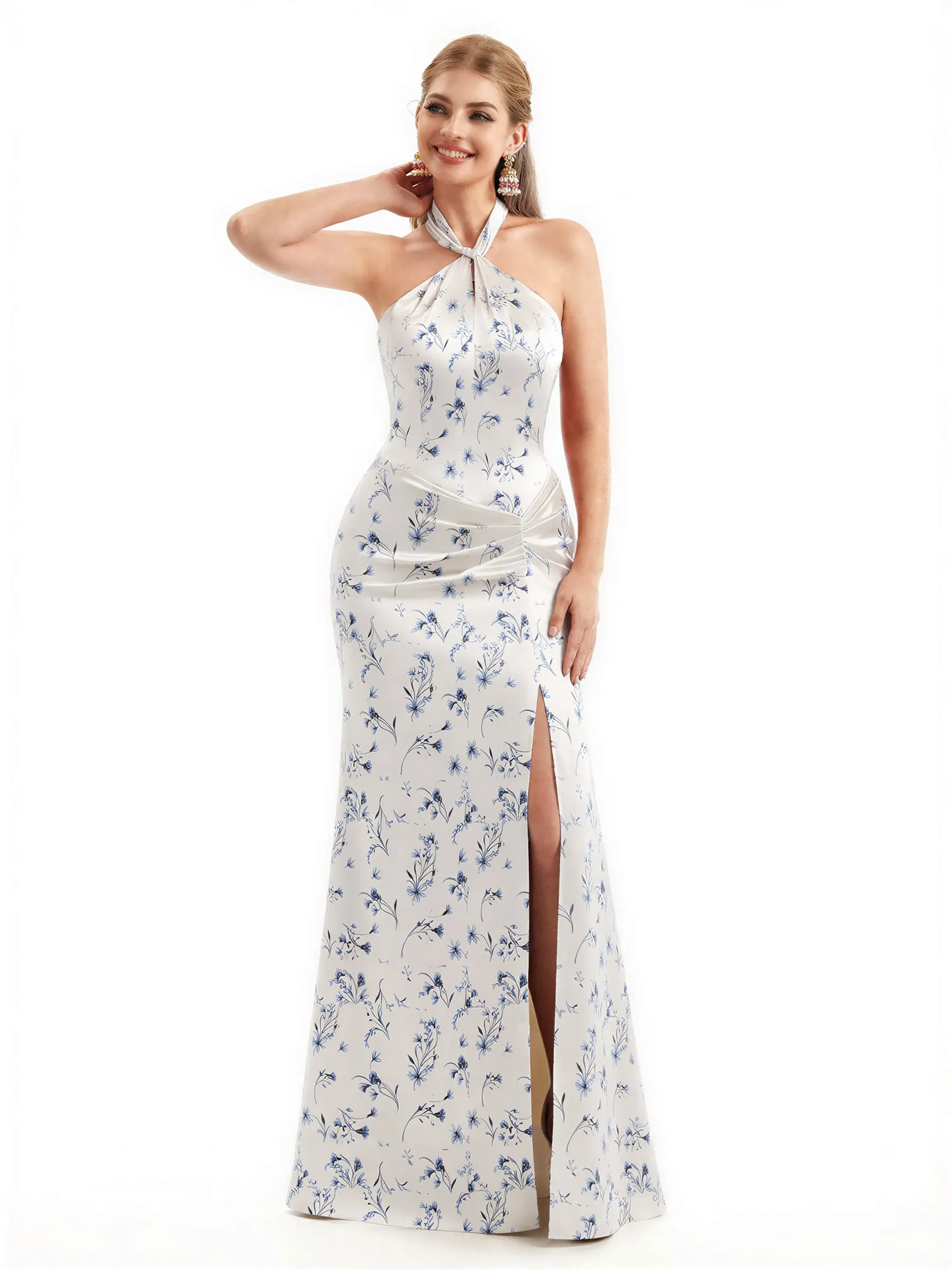 Beautiful Halter Side Slit Mermaid Floral Satin Maxi Floral Formal Dresses For Women sold by ChicSew