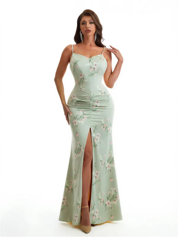 Simple Spaghetti Straps Slit Mermaid Floral Satin Maxi Floral Formal Dresses For Women sold by ChicSew