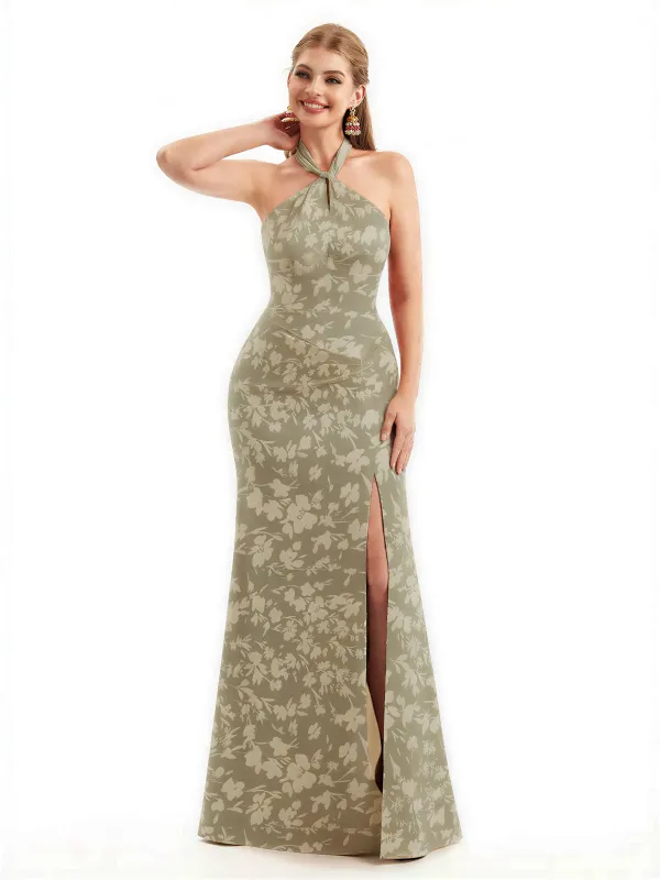 Beautiful Halter Side Slit Mermaid Floral Satin Maxi Floral Formal Dresses For Women sold by ChicSew