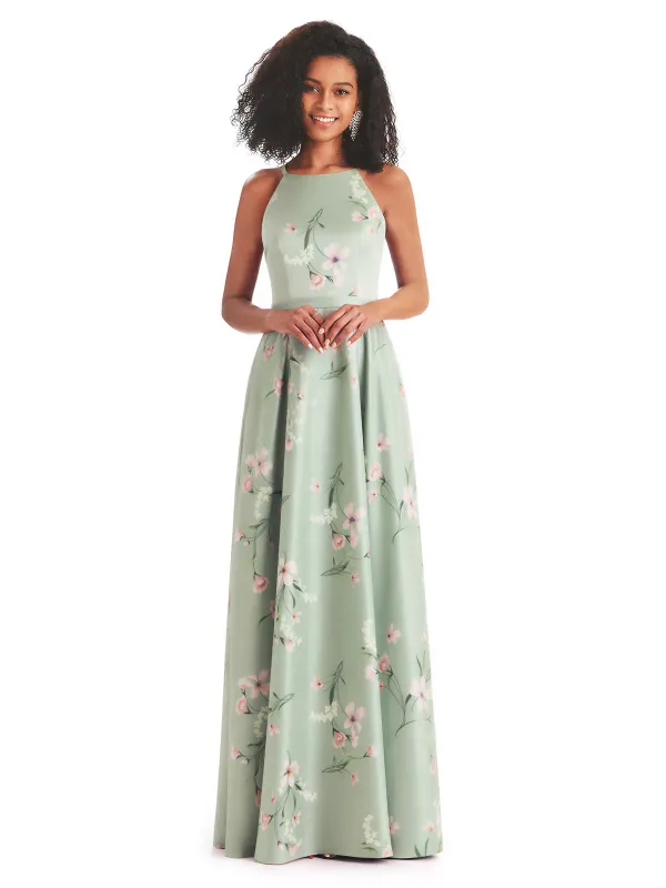 Sexy Spaghetti Straps A-line Long Satin Floral Formal Dresses For Women sold by ChicSew