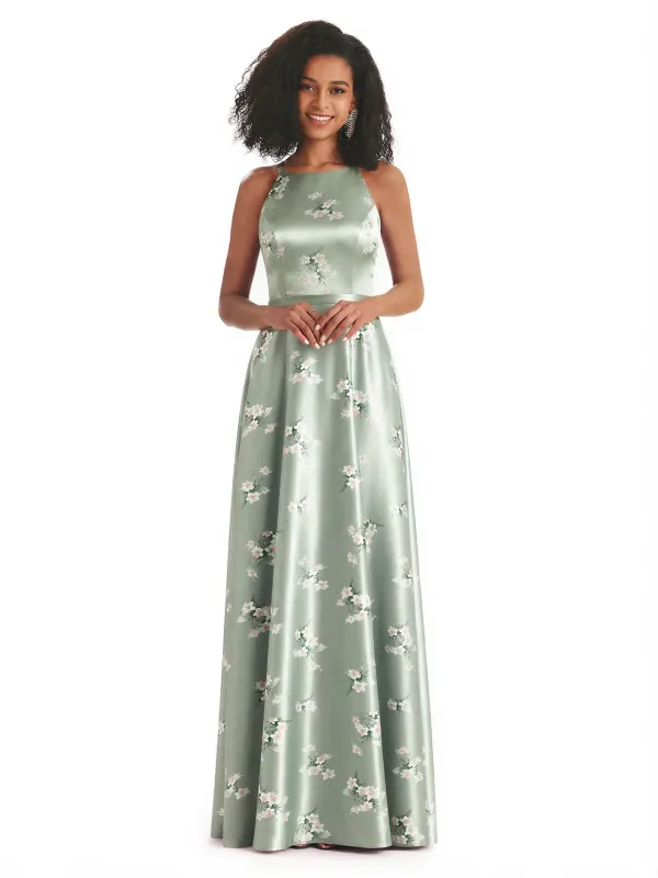 Sexy Spaghetti Straps A-line Long Satin Floral Formal Dresses For Women sold by ChicSew