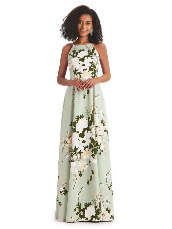 Sexy Spaghetti Straps A-line Long Satin Floral Formal Dresses For Women sold by ChicSew