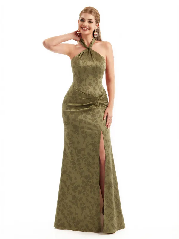 Beautiful Halter Side Slit Mermaid Floral Satin Maxi Floral Formal Dresses For Women sold by ChicSew
