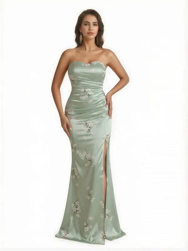 Trendy Sweetheart Strapless Side Slit Mermaid Long Satin Floral Formal Dresses For Women sold by ChicSew