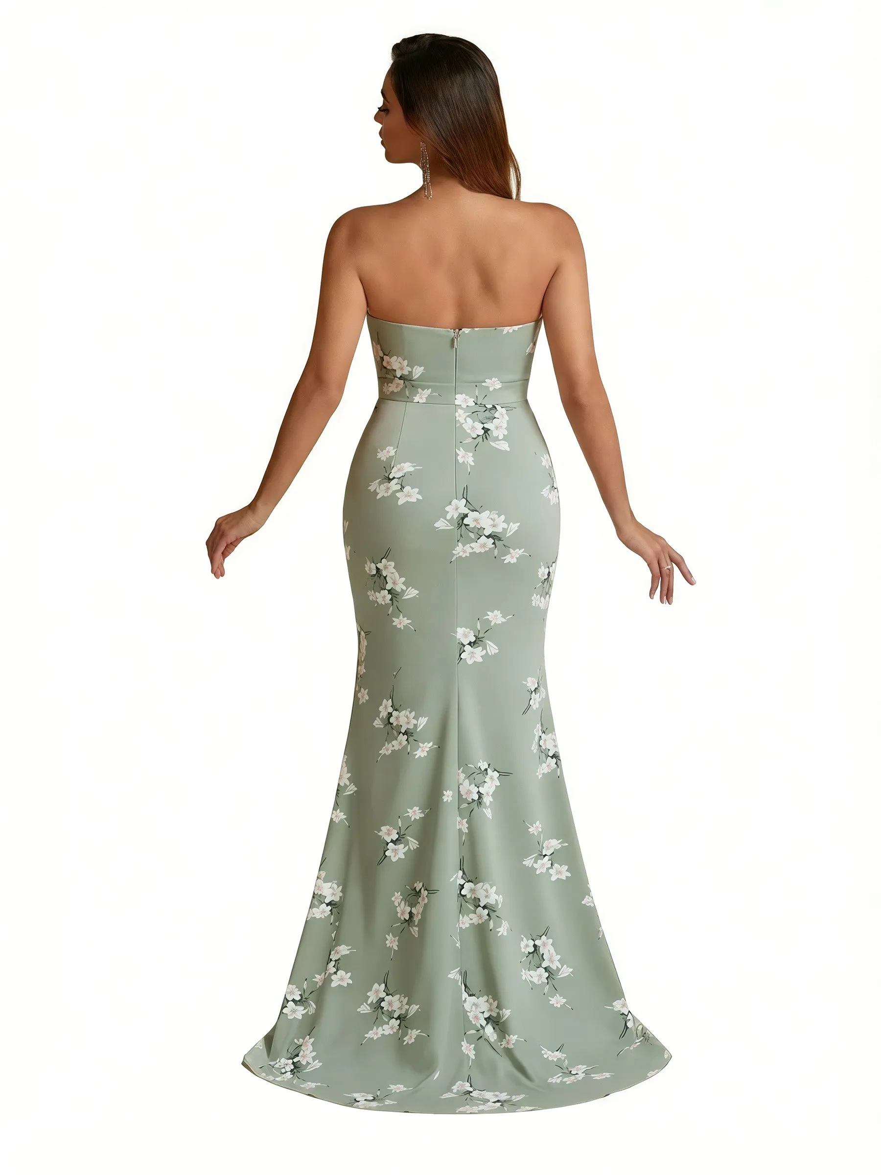 Trendy Sweetheart Strapless Side Slit Mermaid Long Satin Floral Formal Dresses For Women sold by ChicSew product image thumbnail 2