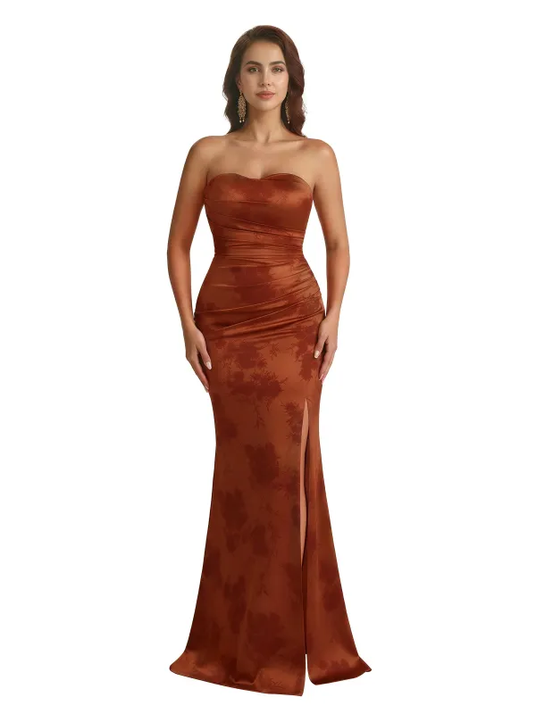 Trendy Sweetheart Strapless Side Slit Mermaid Long Satin Floral Formal Dresses For Women sold by ChicSew