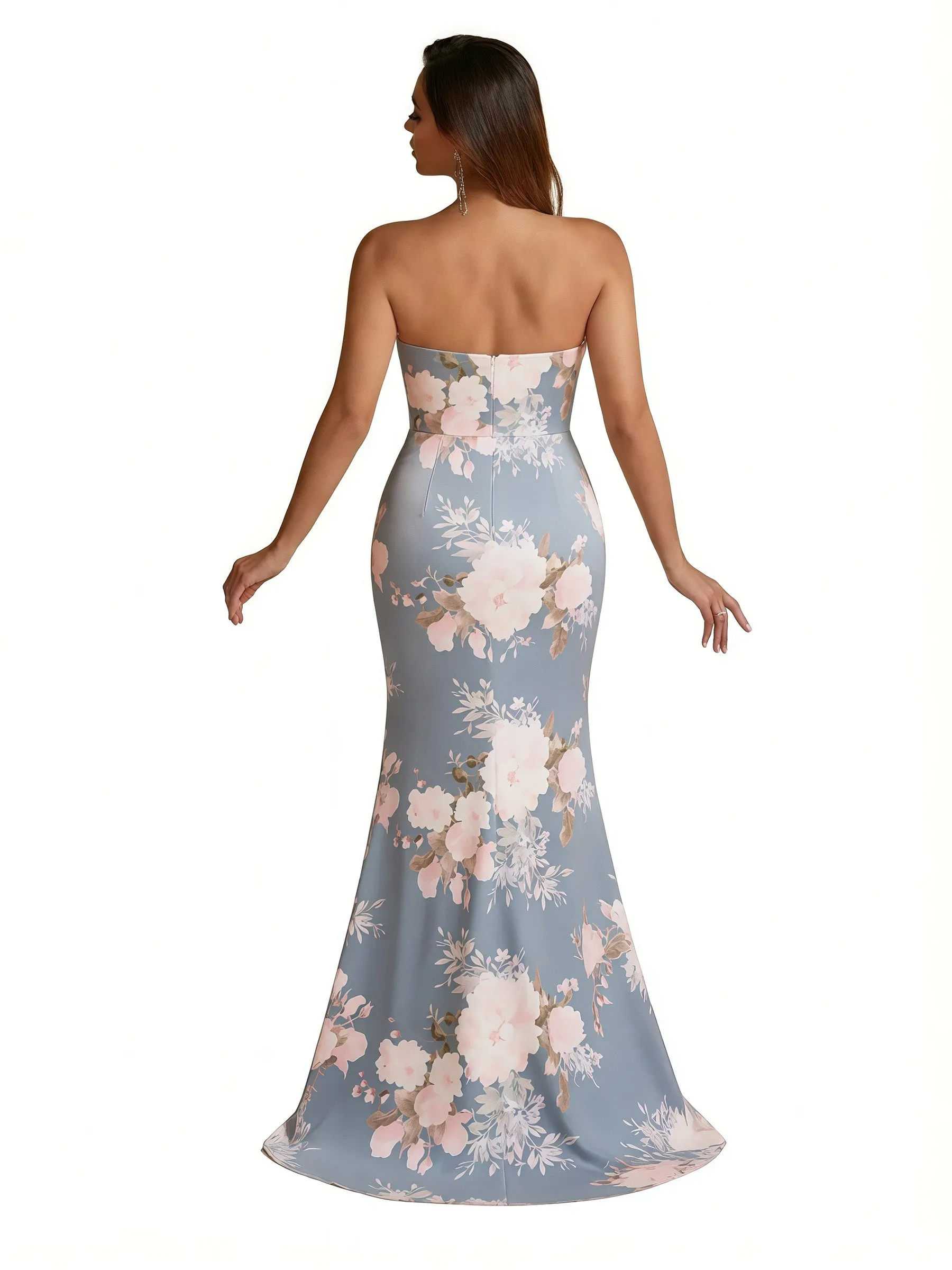 Trendy Sweetheart Strapless Side Slit Mermaid Long Satin Floral Formal Dresses For Women sold by ChicSew product image thumbnail 2