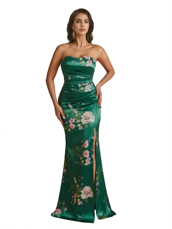 Trendy Sweetheart Strapless Side Slit Mermaid Long Satin Floral Formal Dresses For Women sold by ChicSew