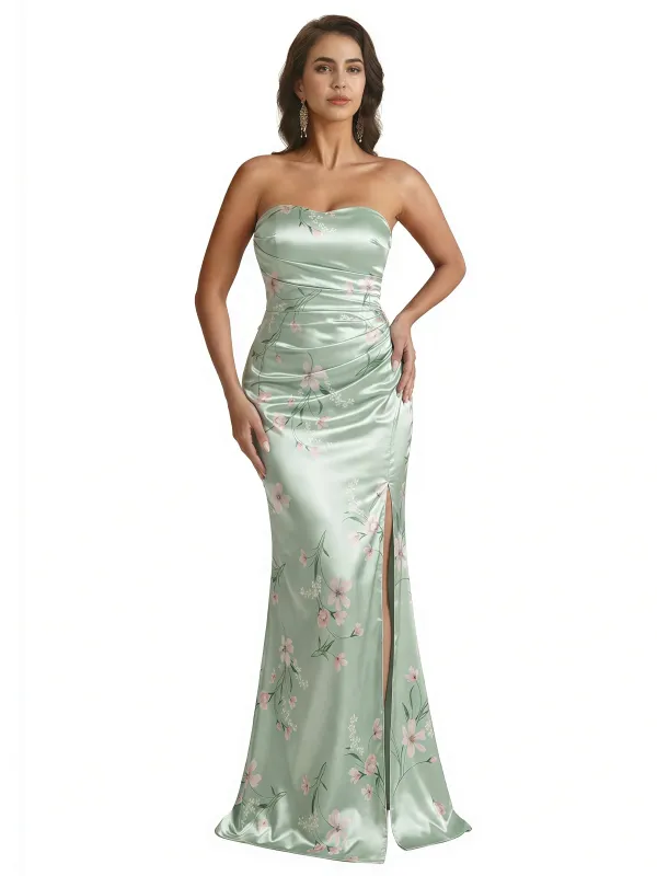 Trendy Sweetheart Strapless Side Slit Mermaid Long Satin Floral Formal Dresses For Women sold by ChicSew