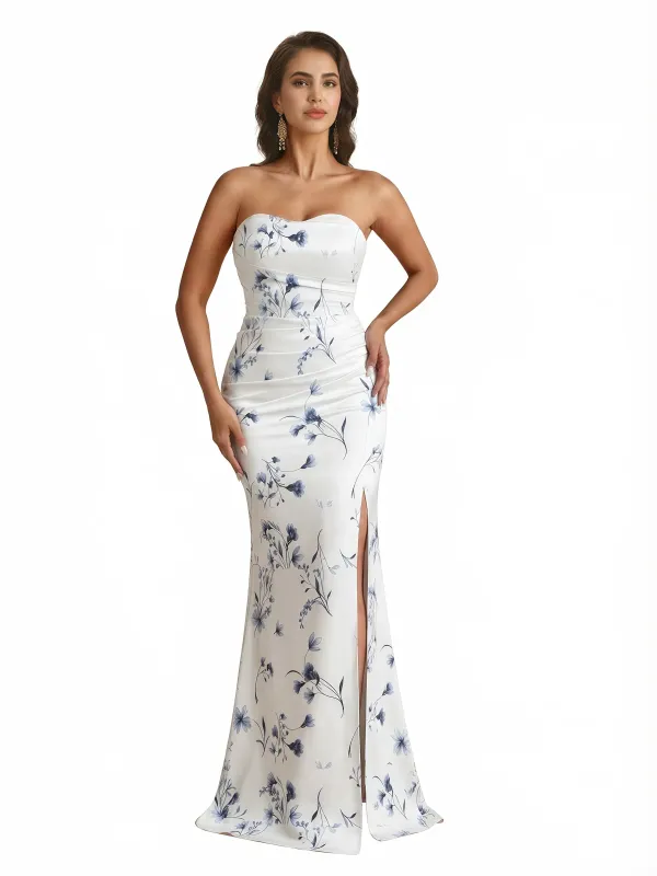 Trendy Sweetheart Strapless Side Slit Mermaid Long Satin Floral Formal Dresses For Women sold by ChicSew