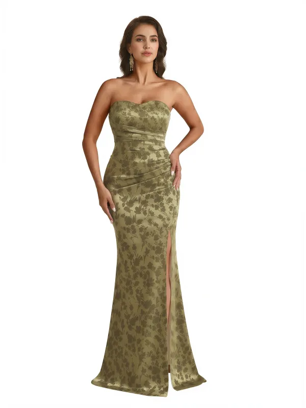 Trendy Sweetheart Strapless Side Slit Mermaid Long Satin Floral Formal Dresses For Women sold by ChicSew