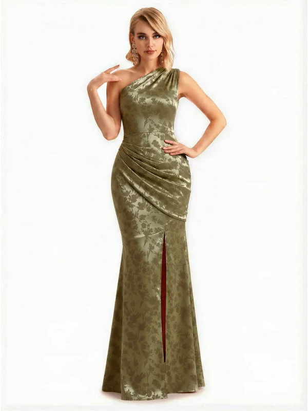 Sexy One Shoulder Side Slit Mermaid Long Satin Floral Formal Dresses For Women sold by ChicSew