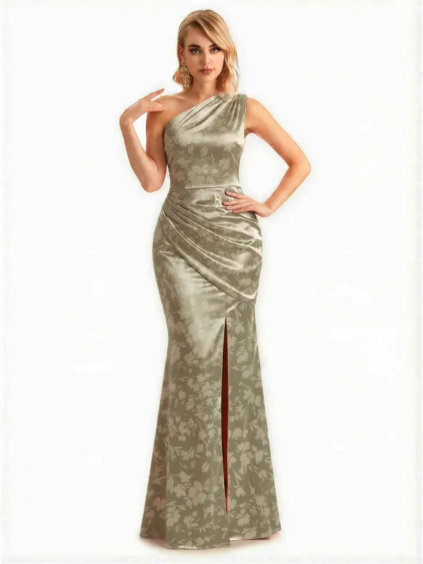Sexy One Shoulder Side Slit Mermaid Long Satin Floral Formal Dresses For Women sold by ChicSew